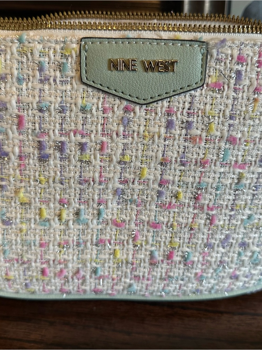 Nine West Cream Tweed Clutch with Pastel Pink, Blue, Yellow & Lavender Accents